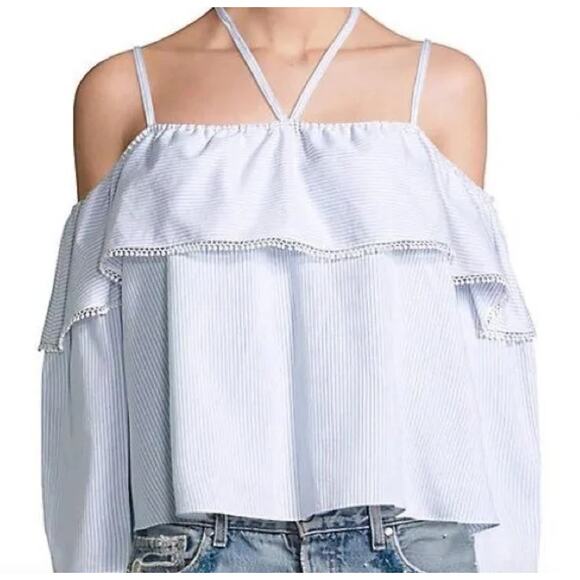 Johnathan Simkhai | Stripe Off the Shoulder Pom Pom Top | Blue White | S - Picture 1 of 11
